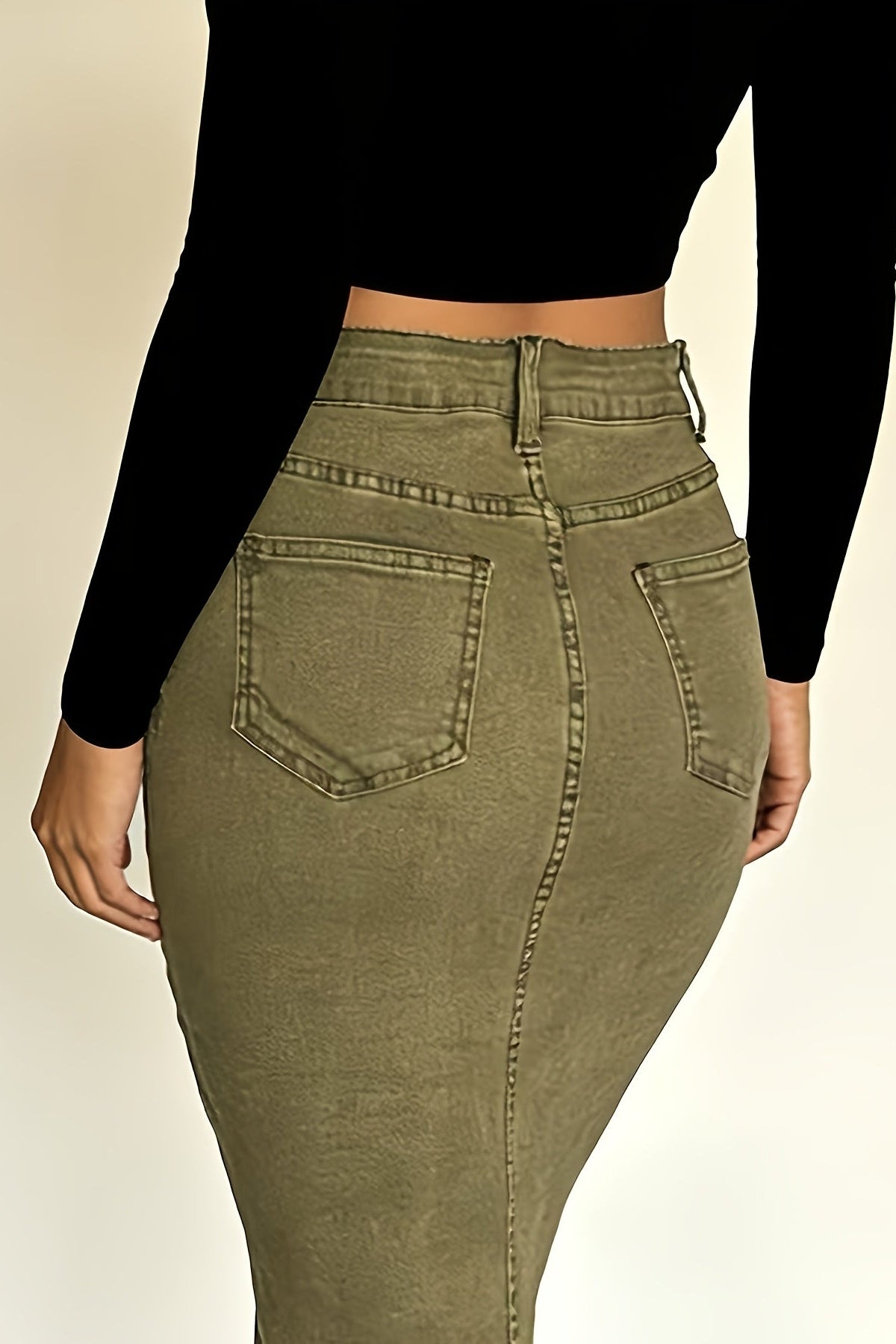 Alba – Modern Olive Midi Skirt with Durable Denim Texture