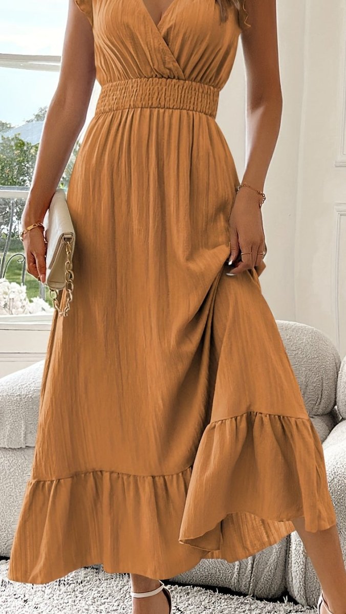 AZURELLE - Women’s Deep V-Neck Ruffle Sleeve Maxi Dress