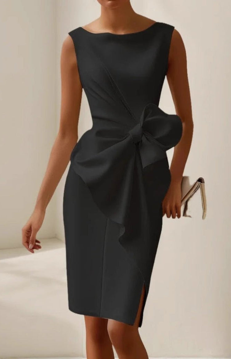 Elegant Sleeveless Wedding Guest Dress with Oversized Bow and Draped Design 9