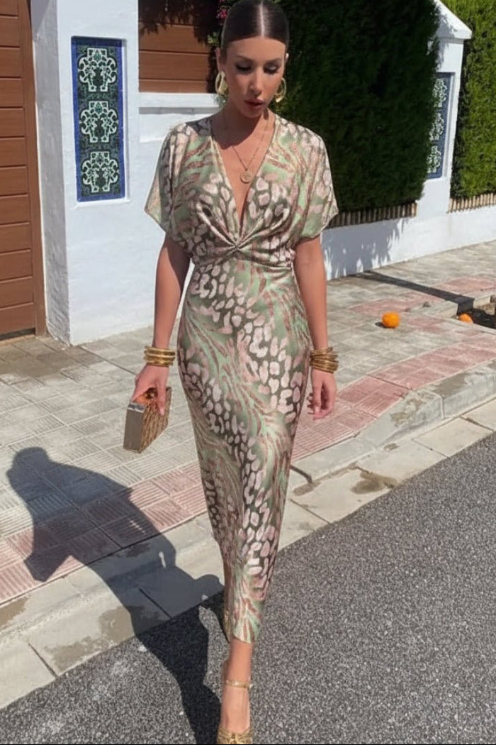 Elegant Women's Summer Midi Dress with V-Neckline and Knot Detail 1