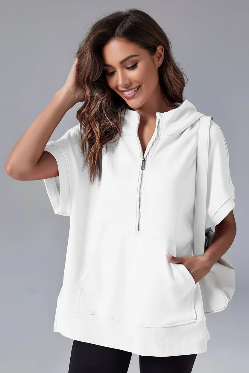ZIPRELAXA – Casual Short Sleeve Hoodie with Half Zip and Pockets