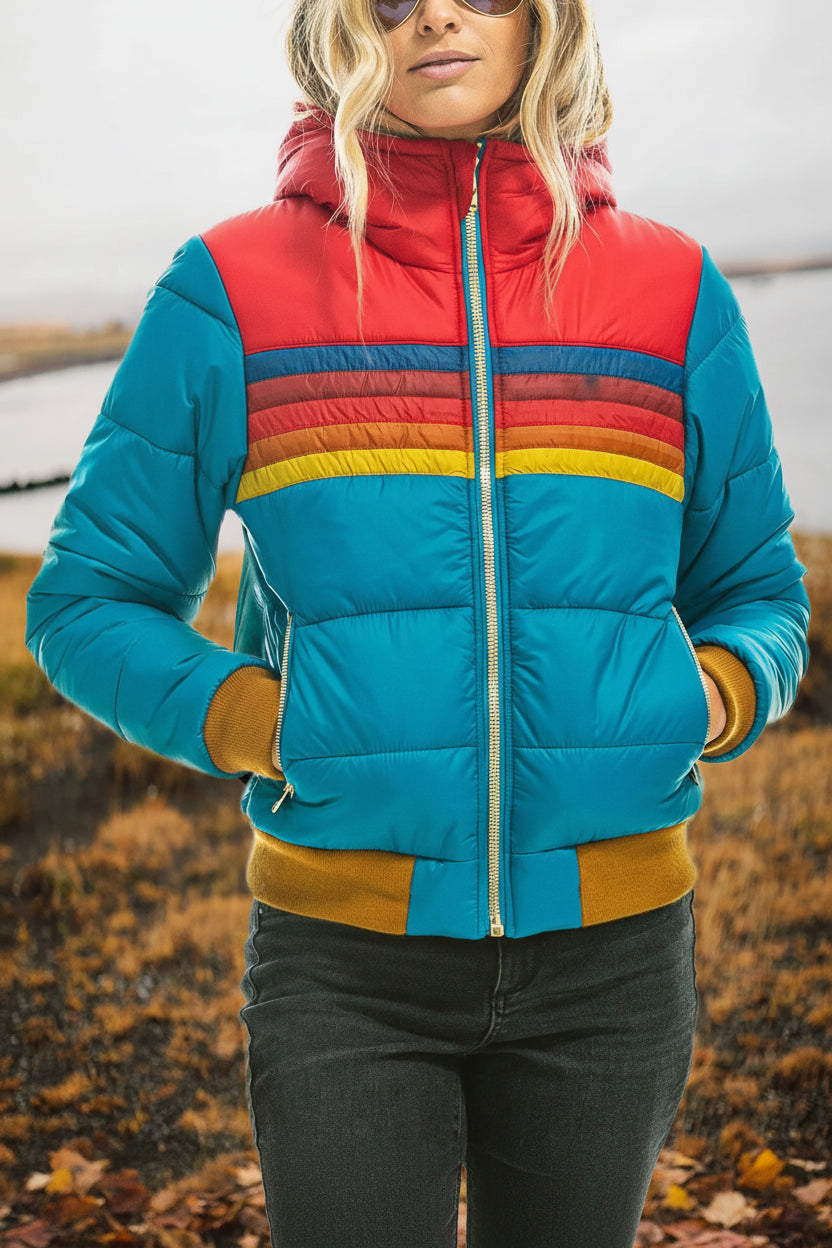 Hesterr - Women's Plush Winter Coat with Functional Hood & Rainbow Pattern 5