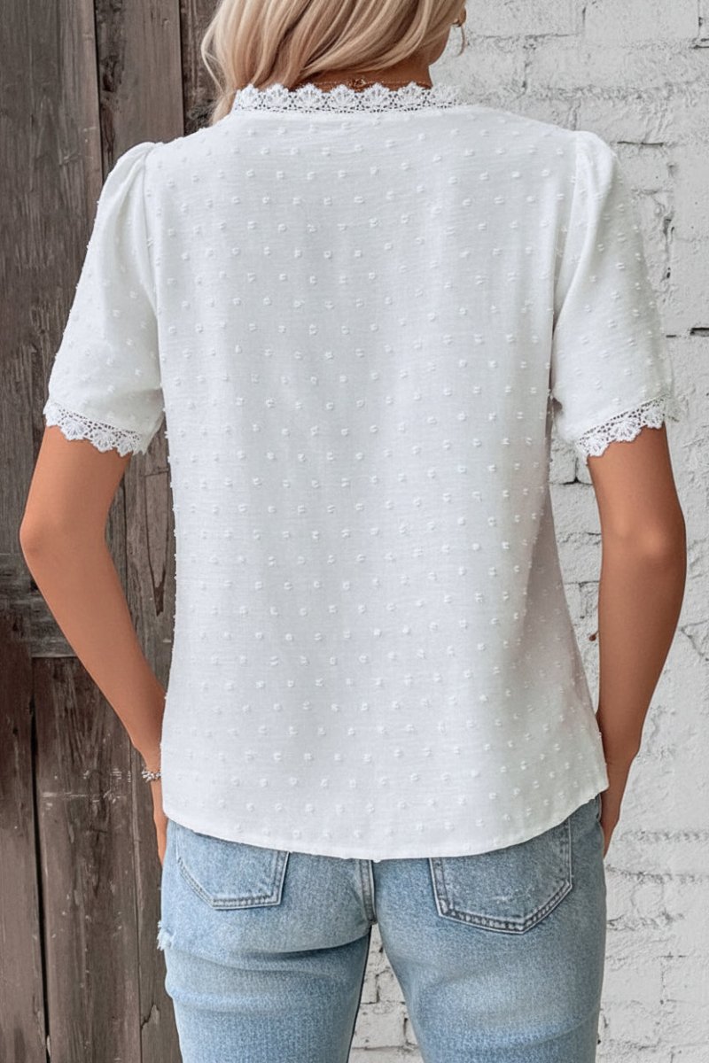 Romy Short Sleeve V-Neck Blouse with Artistic Patchwork Details - Cotton Comfort 2