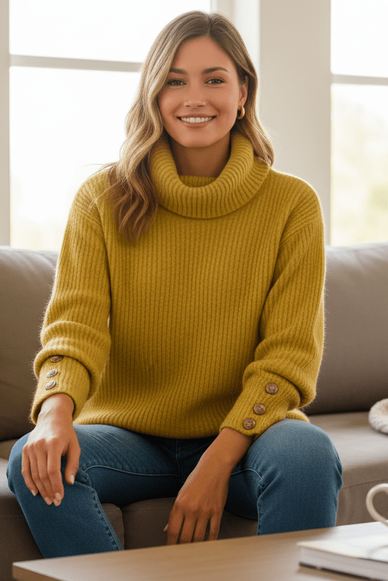 COLLARIS – Women’s Turtleneck Sweater with Elevated High Neck and Accent Buttons