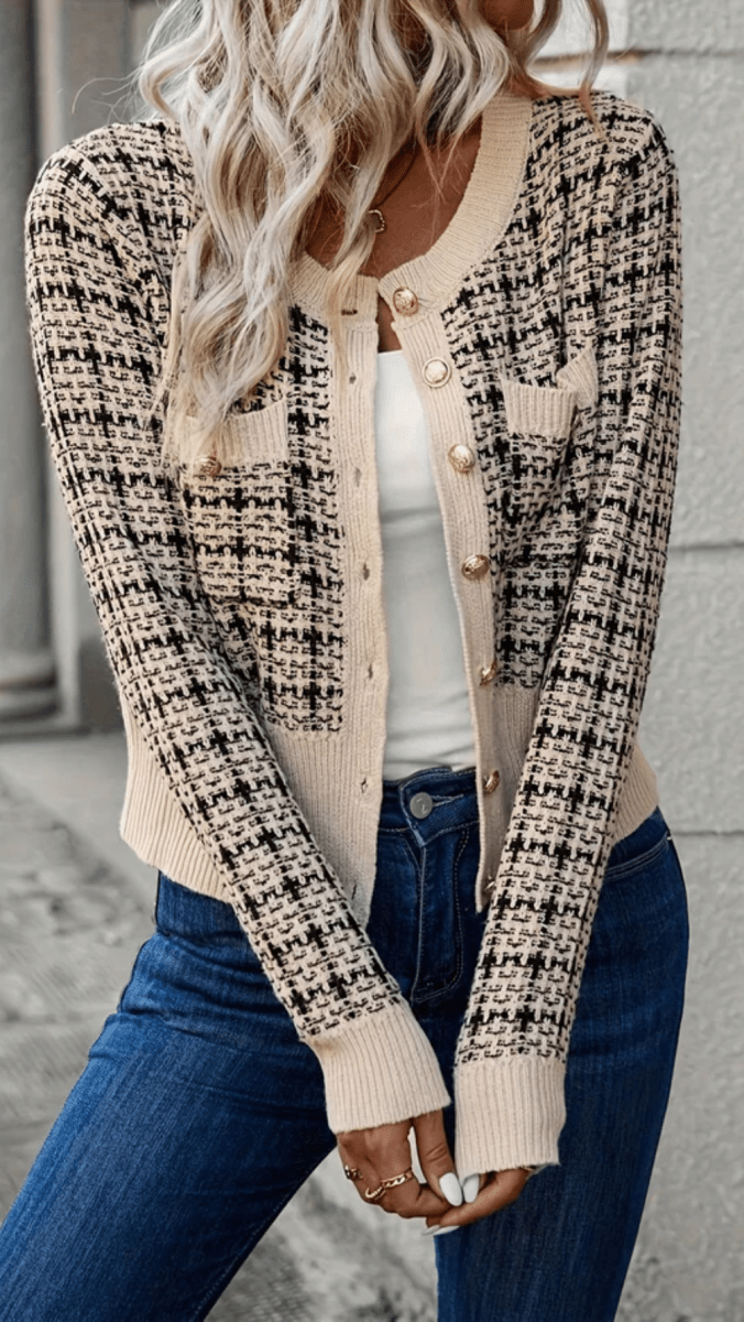 VIORELLA - Checked Button Knit Cardigan