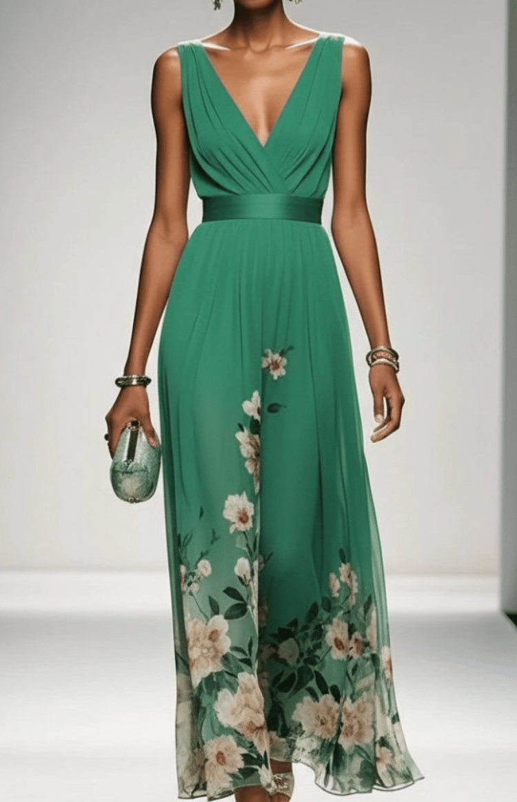 ELORIA – Elegant Floral Chiffon Maxi Dress for Women, Soft Flowing Fit