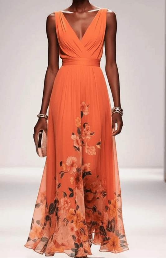 ELORIA – Elegant Floral Chiffon Maxi Dress for Women, Soft Flowing Fit