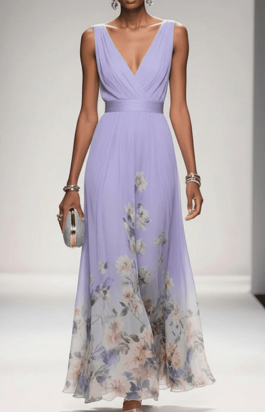 ELORIA – Elegant Floral Chiffon Maxi Dress for Women, Soft Flowing Fit