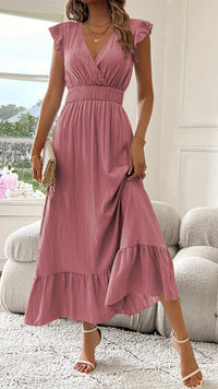 AZURELLE - Women’s Deep V-Neck Ruffle Sleeve Maxi Dress