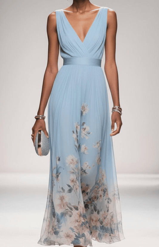 ELORIA – Elegant Floral Chiffon Maxi Dress for Women, Soft Flowing Fit