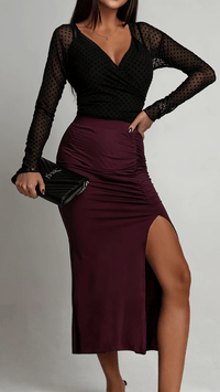 VALERÉE - High Waist Pleated Slit Midi Skirt