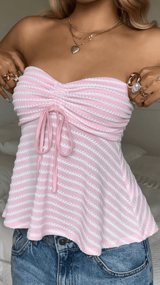 ROSELÉNA - Women’s Pink Striped Drawstring Bandeau Top