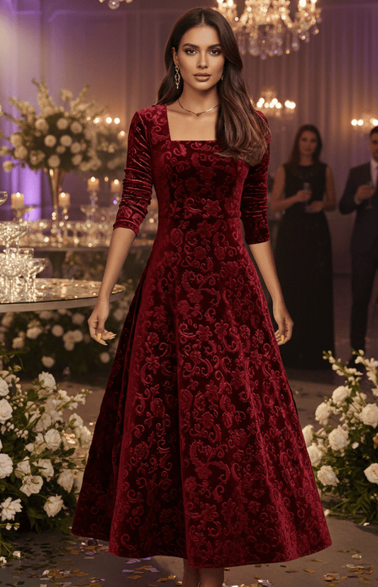 VELORÉA – Elegant floral velvet midi dress with 3/4 sleeves for women