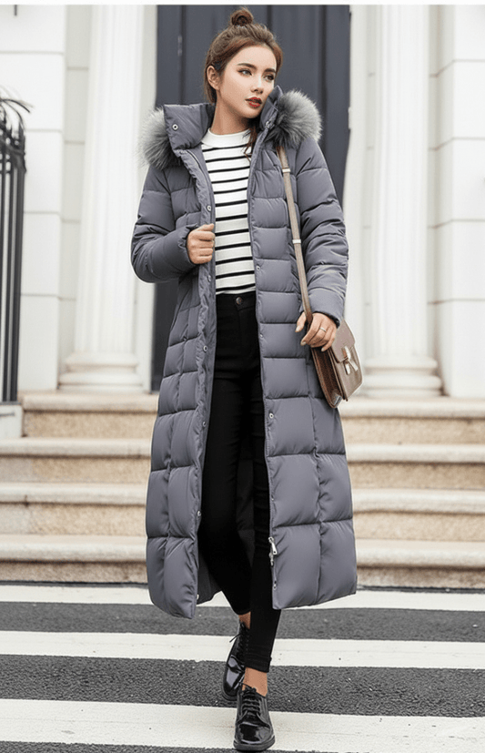 COZYRA – Sleek Long Winter Puffer Jacket with Hood for Women | Warm & Stylish