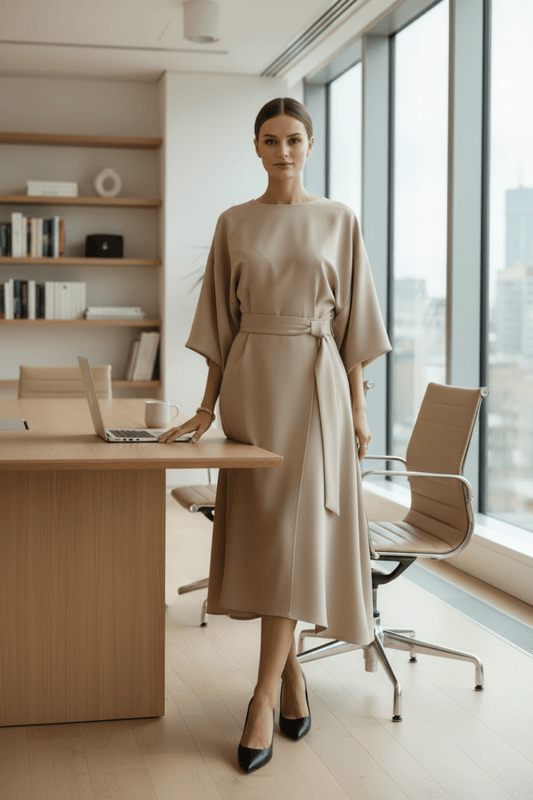 GLAMOURÉ – Elegant Lantern Sleeve Formal Dress with Waist-Cinching Belt Perfect for Weddings and Summer Events