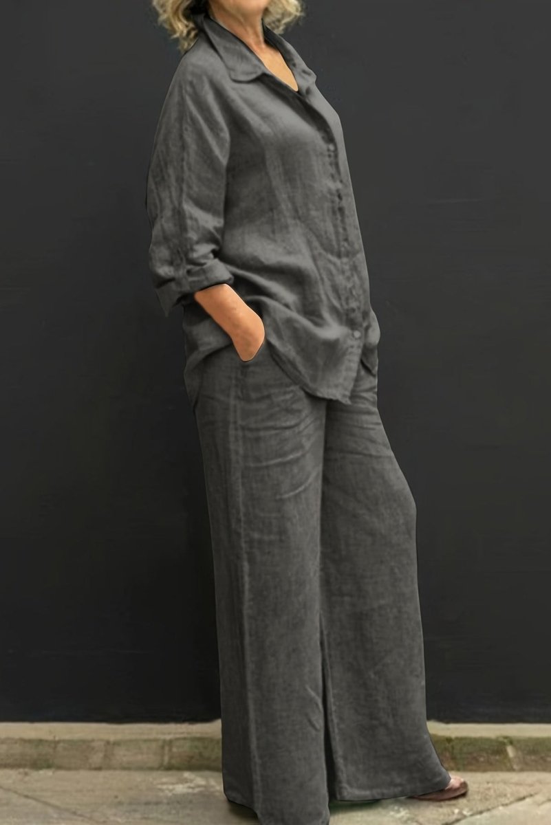 ALYONA – Relaxed Linen Collared Top & Loose Straight Pants