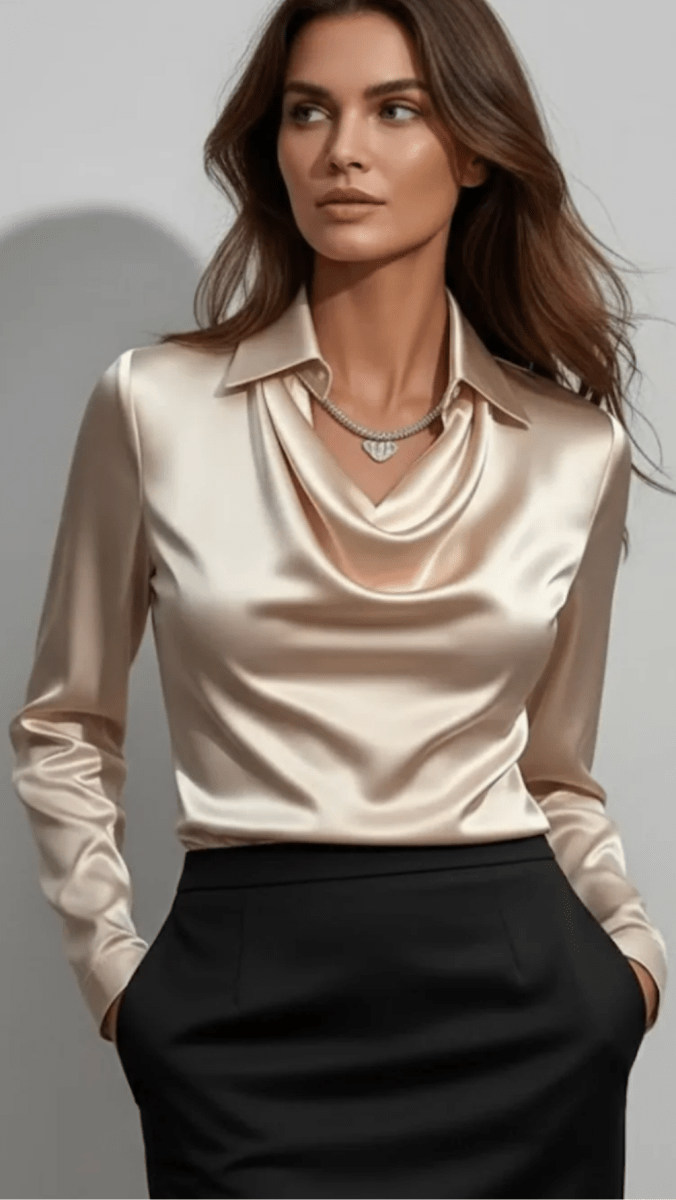 ELYSIA - Draped Cowl Neck Satin Blouse