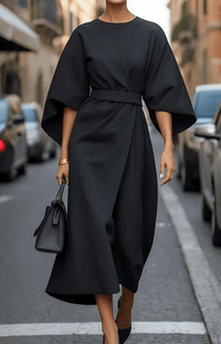 GLAMOURÉ – Elegant Lantern Sleeve Formal Dress with Waist-Cinching Belt Perfect for Weddings and Summer Events