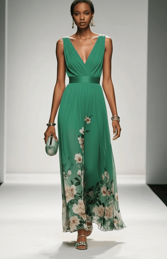 ELORIA – Elegant Floral Chiffon Maxi Dress for Women, Soft Flowing Fit