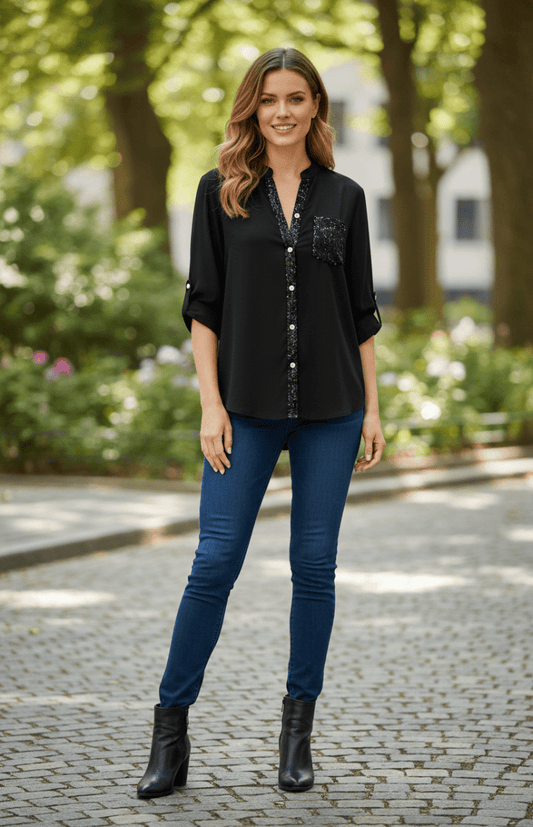 RAVINA – Soft Glitter Roll-Sleeve Blouse