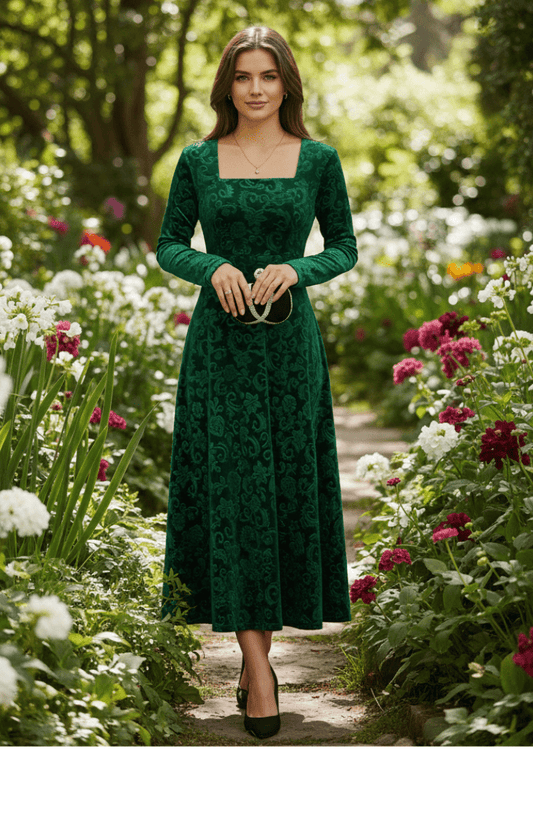 VELORÉA – Elegant floral velvet midi dress with 3/4 sleeves for women