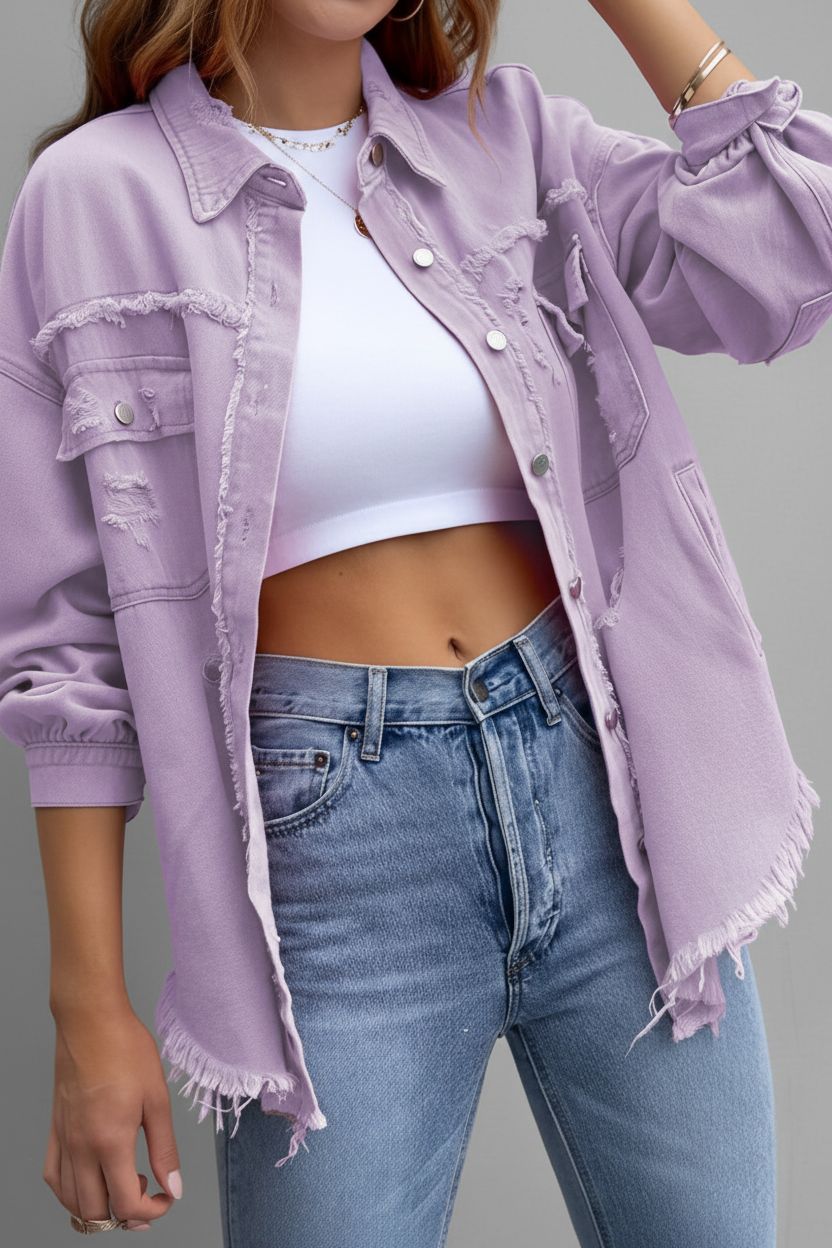 STREETFEM – Distressed Denim Button-Up Shirt for Women with Laid-Back Fit