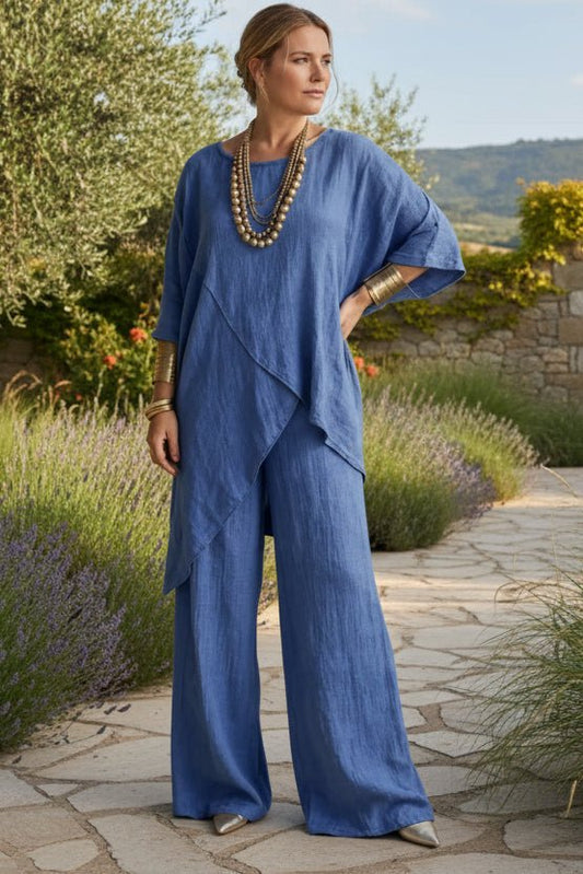 BRYNLEE – Plus Size Round Neck Linen Loose Two-Piece