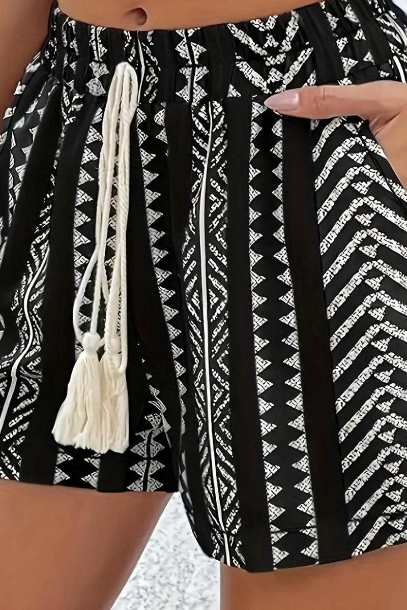 SOLEAWEAR - Women's Black & White Geometric Tassel Shorts Adjustable Comfort