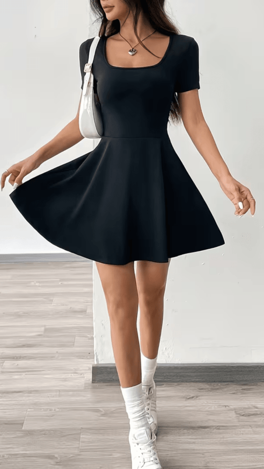 SOLÉNZA - Women’s Square Neck Fit and Flare Mini Dress