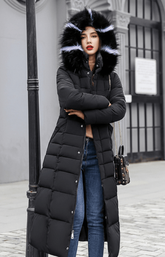 COZYRA – Sleek Long Winter Puffer Jacket with Hood for Women | Warm & Stylish