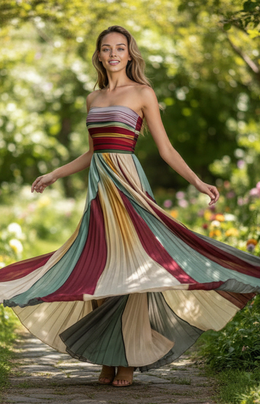 SUMMÉA – Vibrant pleated strapless summer dress for women