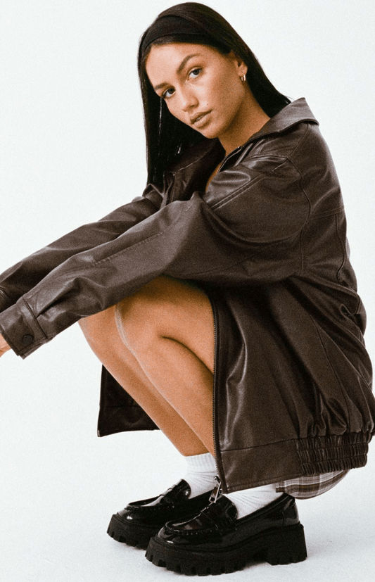 URBANELLE – Stylish Oversized Leather Jacket for Women, Edgy Bomber Design with Zipper Closure