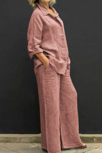 ALYONA – Relaxed Linen Collared Top & Loose Straight Pants
