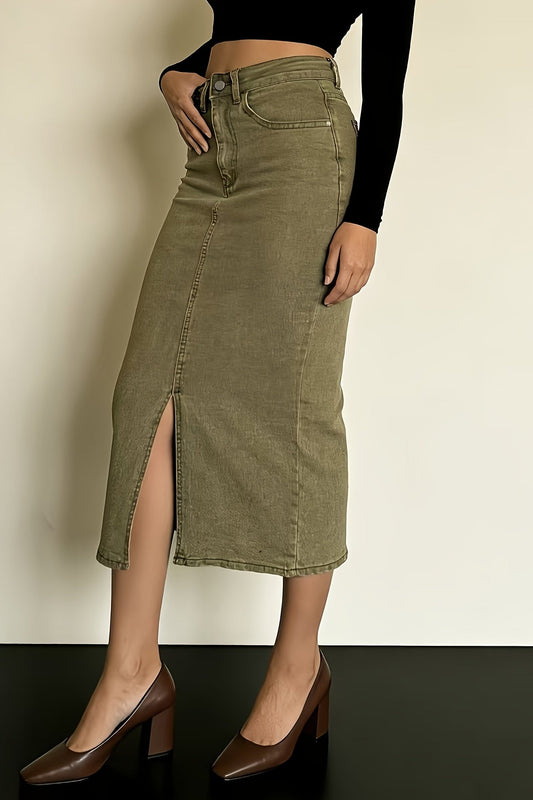 Alba – Modern Olive Midi Skirt with Durable Denim Texture
