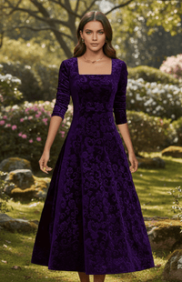 VELORÉA – Elegant floral velvet midi dress with 3/4 sleeves for women