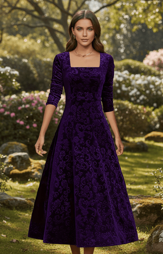 VELORÉA – Elegant floral velvet midi dress with 3/4 sleeves for women