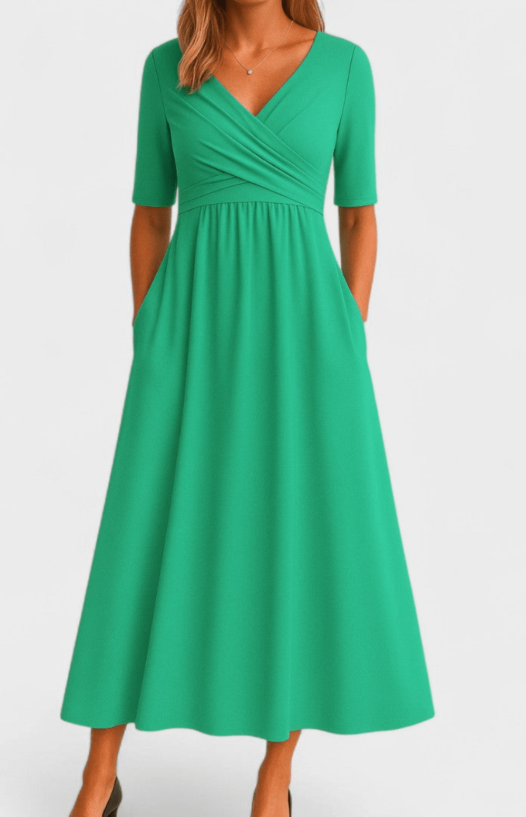 AVANÉ – Chic V-Neck Midi Dress for Elegant Occasions