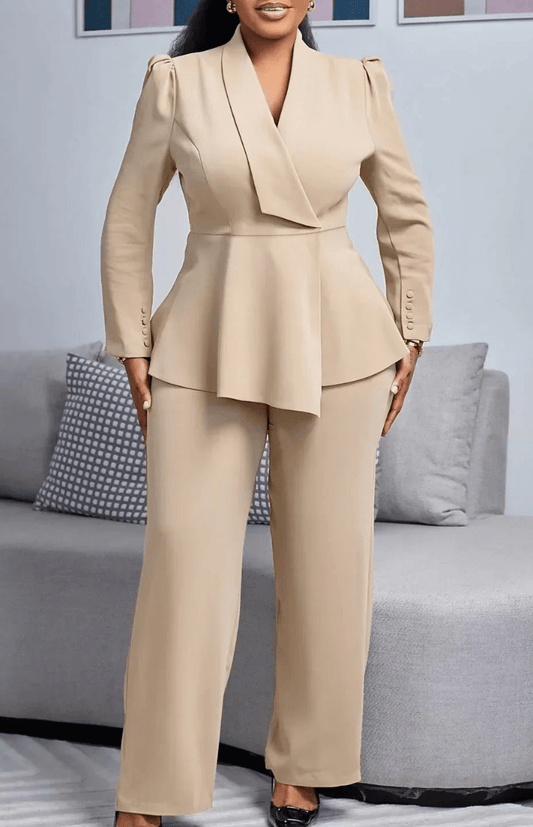 VESTALIA – Tailored Long Blazer and Wide-Leg Trousers Women's Suit Set