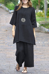 AUBRIANA – Plus Size Color-Block Linen Split Top & Wide-Leg Set