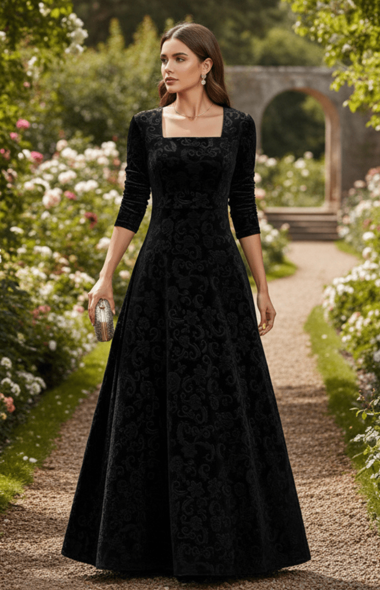 VELORÉA – Elegant floral velvet midi dress with 3/4 sleeves for women