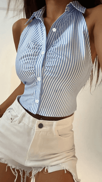 MARÉLINA - Striped Sleeveless Button Up Crop Shirt