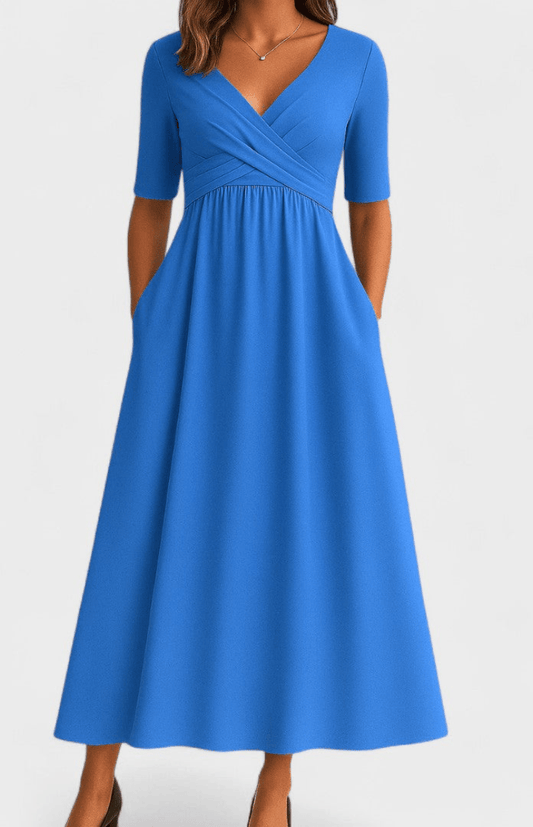 AVANÉ – Chic V-Neck Midi Dress for Elegant Occasions