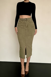 Alba – Modern Olive Midi Skirt with Durable Denim Texture