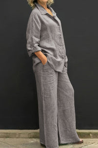 ALYONA – Relaxed Linen Collared Top & Loose Straight Pants