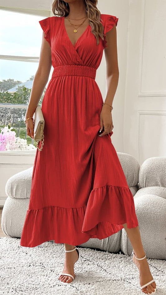 AZURELLE - Women’s Deep V-Neck Ruffle Sleeve Maxi Dress