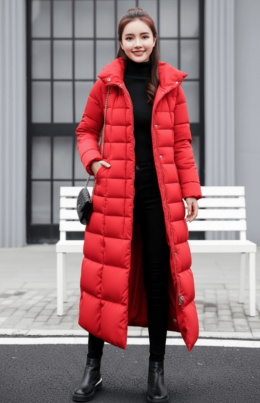 COZYRA – Sleek Long Winter Puffer Jacket with Hood for Women | Warm & Stylish