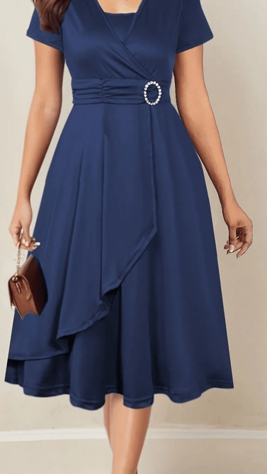 VELORÉA - Women’s Rhinestone V-Neck Asymmetrical Midi Dress