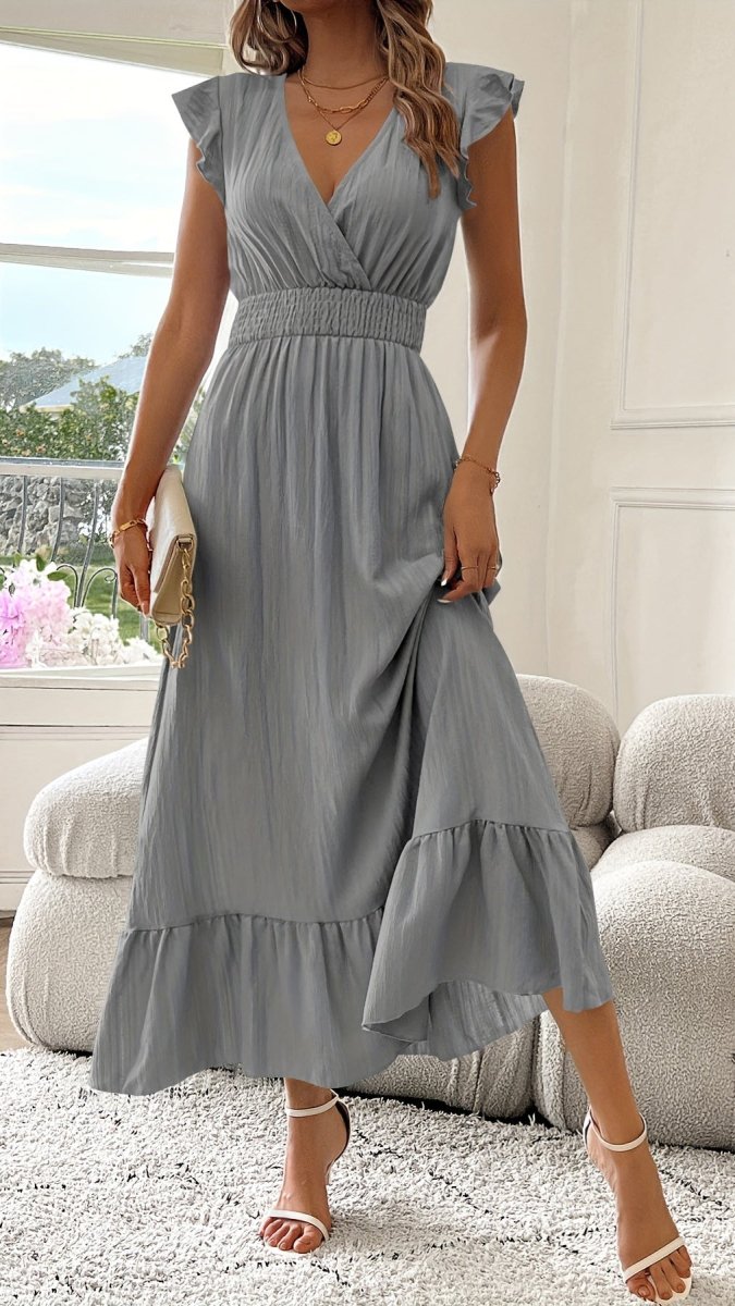 AZURELLE - Women’s Deep V-Neck Ruffle Sleeve Maxi Dress