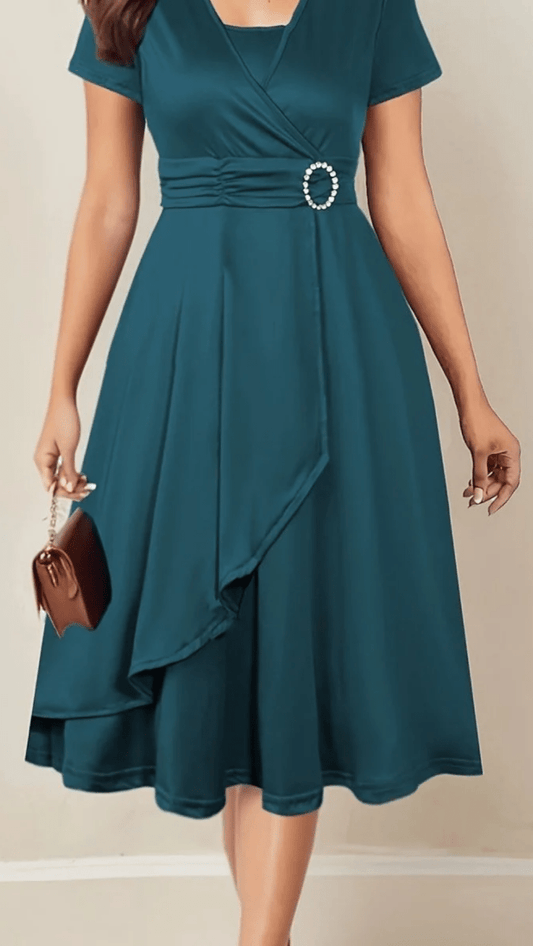 VELORÉA - Women’s Rhinestone V-Neck Asymmetrical Midi Dress