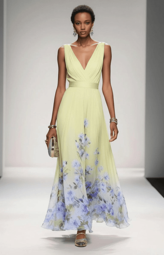 ELORIA – Elegant Floral Chiffon Maxi Dress for Women, Soft Flowing Fit